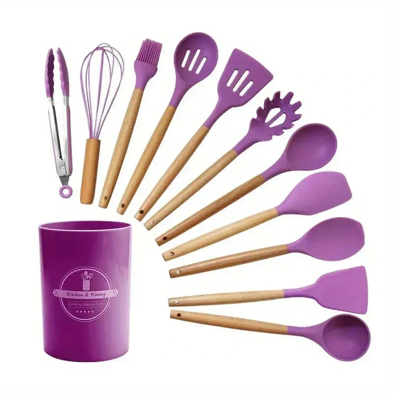 Set de utensilios de cocina de silicona de 12 piezas con mangos de madera - Herramientas de cocina antiadherentes y resistentes al calor, fáciles de limpiar - Ideal para Navidad, Halloween, Acción de Gracias, Ramadán