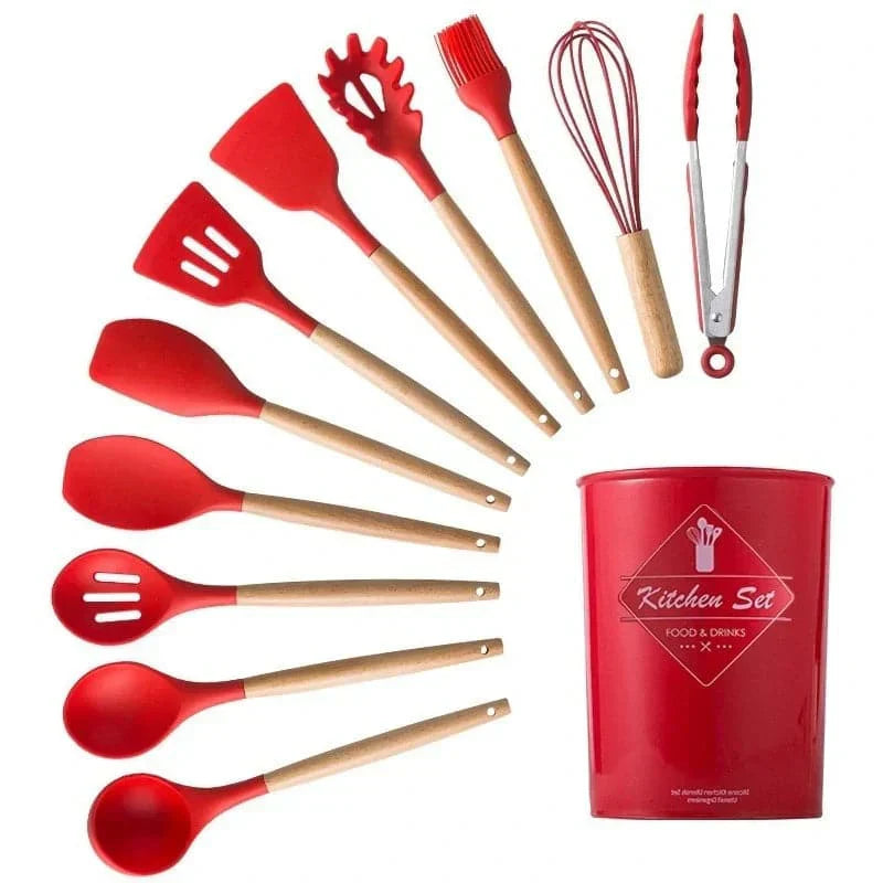 Set de utensilios de cocina de silicona de 12 piezas con mangos de madera - Herramientas de cocina antiadherentes y resistentes al calor, fáciles de limpiar - Ideal para Navidad, Halloween, Acción de Gracias, Ramadán