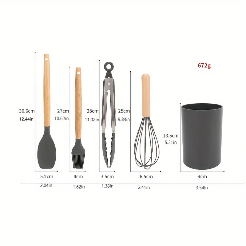 Set de utensilios de cocina de silicona de 12 piezas con mangos de madera - Herramientas de cocina antiadherentes y resistentes al calor, fáciles de limpiar - Ideal para Navidad, Halloween, Acción de Gracias, Ramadán