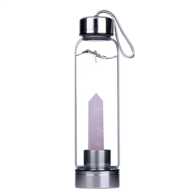 Botella de agua con incrustación de cuarzo rosa y morado