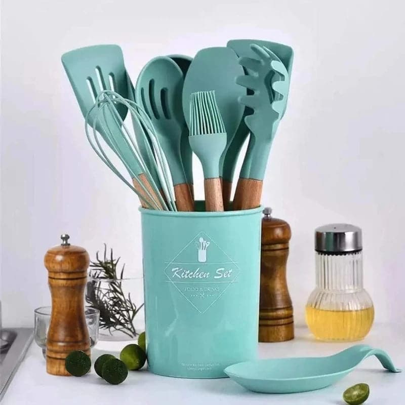 Set de utensilios de cocina de silicona de 12 piezas con mangos de madera - Herramientas de cocina antiadherentes y resistentes al calor, fáciles de limpiar - Ideal para Navidad, Halloween, Acción de Gracias, Ramadán
