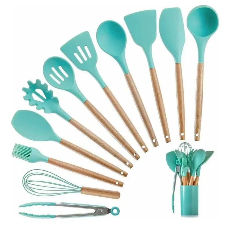 Set de utensilios de cocina de silicona de 12 piezas con mangos de madera - Herramientas de cocina antiadherentes y resistentes al calor, fáciles de limpiar - Ideal para Navidad, Halloween, Acción de Gracias, Ramadán