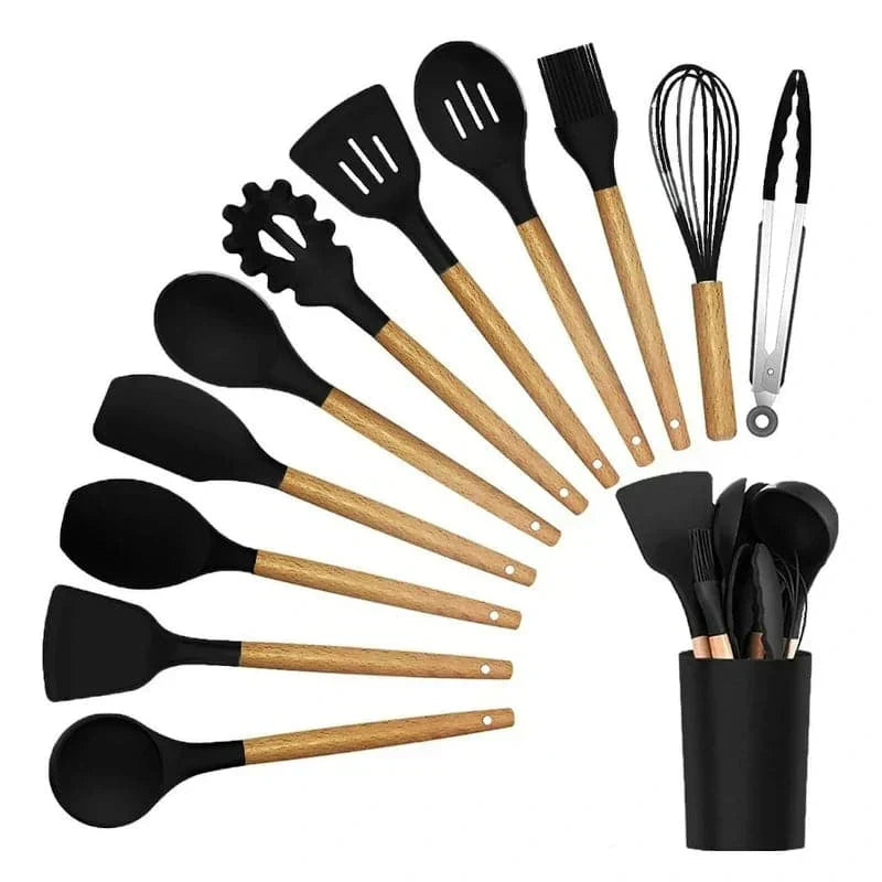 Set de utensilios de cocina de silicona de 12 piezas con mangos de madera - Herramientas de cocina antiadherentes y resistentes al calor, fáciles de limpiar - Ideal para Navidad, Halloween, Acción de Gracias, Ramadán