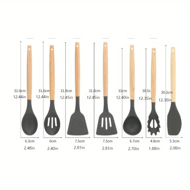 Set de utensilios de cocina de silicona de 12 piezas con mangos de madera - Herramientas de cocina antiadherentes y resistentes al calor, fáciles de limpiar - Ideal para Navidad, Halloween, Acción de Gracias, Ramadán